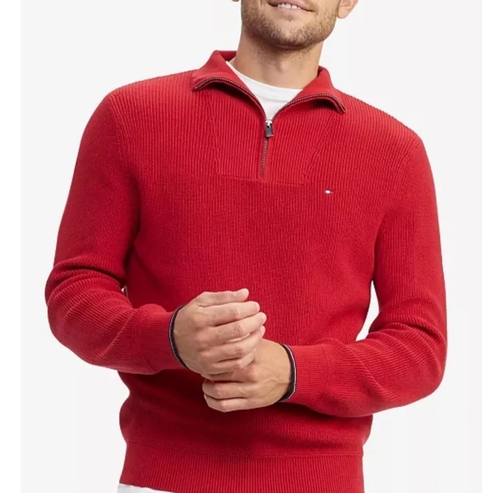 Tommy Hilfiger Men's L Quarter Zip Sweater Red Cotton  Preppy